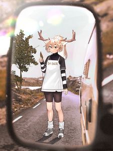 Preview wallpaper girl, deer, horns, road, mirror, anime