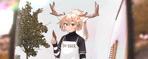 Preview wallpaper girl, deer, horns, road, mirror, anime
