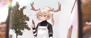 Preview wallpaper girl, deer, horns, road, mirror, anime