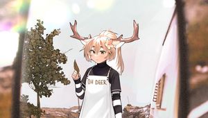 Preview wallpaper girl, deer, horns, road, mirror, anime