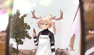 Preview wallpaper girl, deer, horns, road, mirror, anime