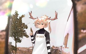 Preview wallpaper girl, deer, horns, road, mirror, anime
