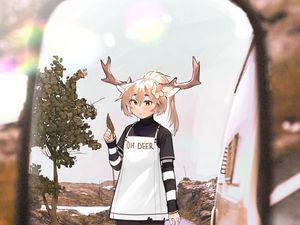 Preview wallpaper girl, deer, horns, road, mirror, anime