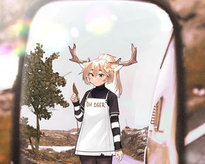 Preview wallpaper girl, deer, horns, road, mirror, anime