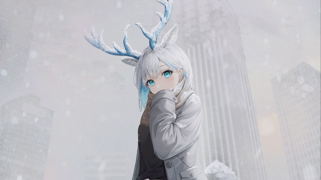 Wallpaper girl, deer, horns, snow, traffic light, anime