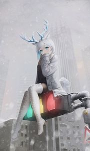 Preview wallpaper girl, deer, horns, snow, traffic light, anime