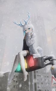 Preview wallpaper girl, deer, horns, snow, traffic light, anime