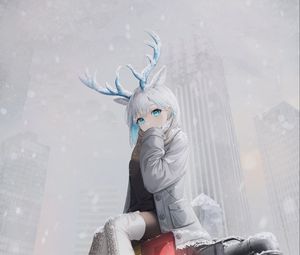 Preview wallpaper girl, deer, horns, snow, traffic light, anime