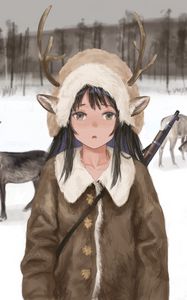 Preview wallpaper girl, deer, horns, gun, anime, art