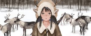 Preview wallpaper girl, deer, horns, gun, anime, art