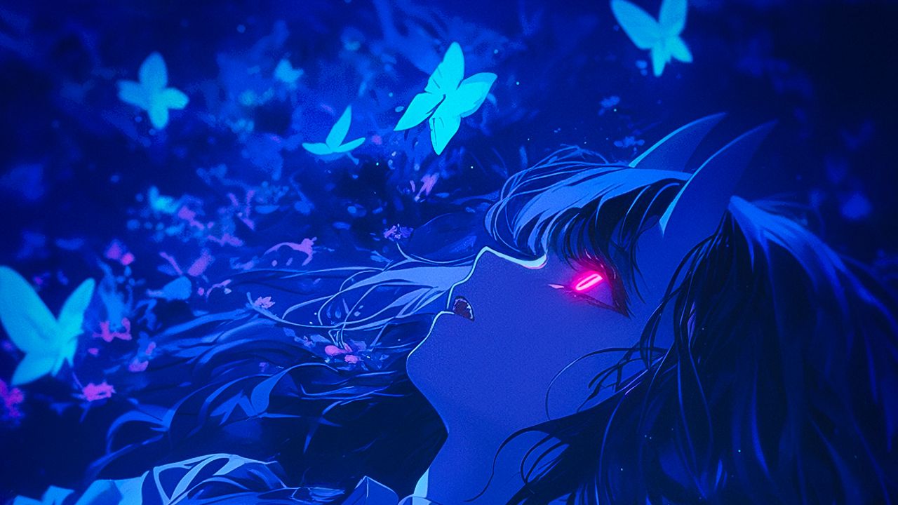 Wallpaper girl, demon, butterflies, blue, art, anime