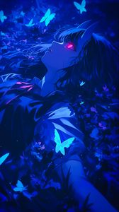 Preview wallpaper girl, demon, butterflies, blue, art, anime