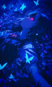 Preview wallpaper girl, demon, butterflies, blue, art, anime