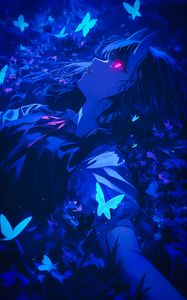 Preview wallpaper girl, demon, butterflies, blue, art, anime