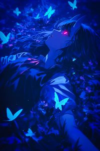 Preview wallpaper girl, demon, butterflies, blue, art, anime