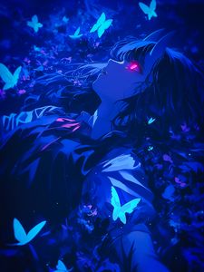 Preview wallpaper girl, demon, butterflies, blue, art, anime