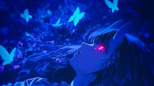 Preview wallpaper girl, demon, butterflies, blue, art, anime