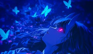 Preview wallpaper girl, demon, butterflies, blue, art, anime