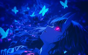 Preview wallpaper girl, demon, butterflies, blue, art, anime