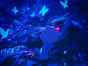 Preview wallpaper girl, demon, butterflies, blue, art, anime