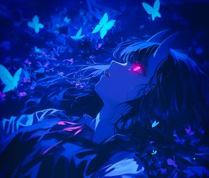 Preview wallpaper girl, demon, butterflies, blue, art, anime