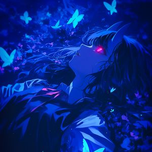 Preview wallpaper girl, demon, butterflies, blue, art, anime