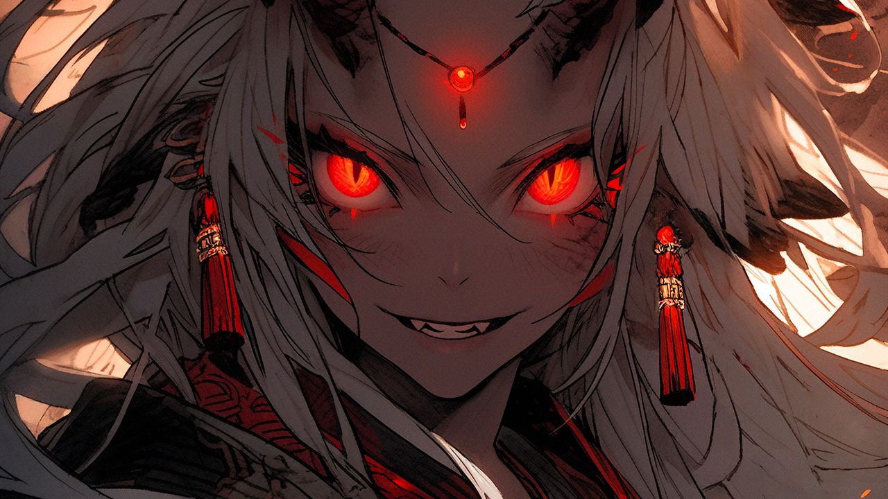 Wallpaper girl, demon, devil, horns, red, anime