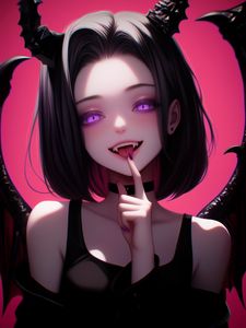 Preview wallpaper girl, demon, devil, fangs, horns, wings, anime