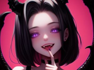 Preview wallpaper girl, demon, devil, fangs, horns, wings, anime