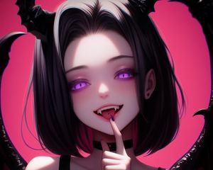 Preview wallpaper girl, demon, devil, fangs, horns, wings, anime