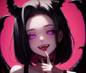 Preview wallpaper girl, demon, devil, fangs, horns, wings, anime