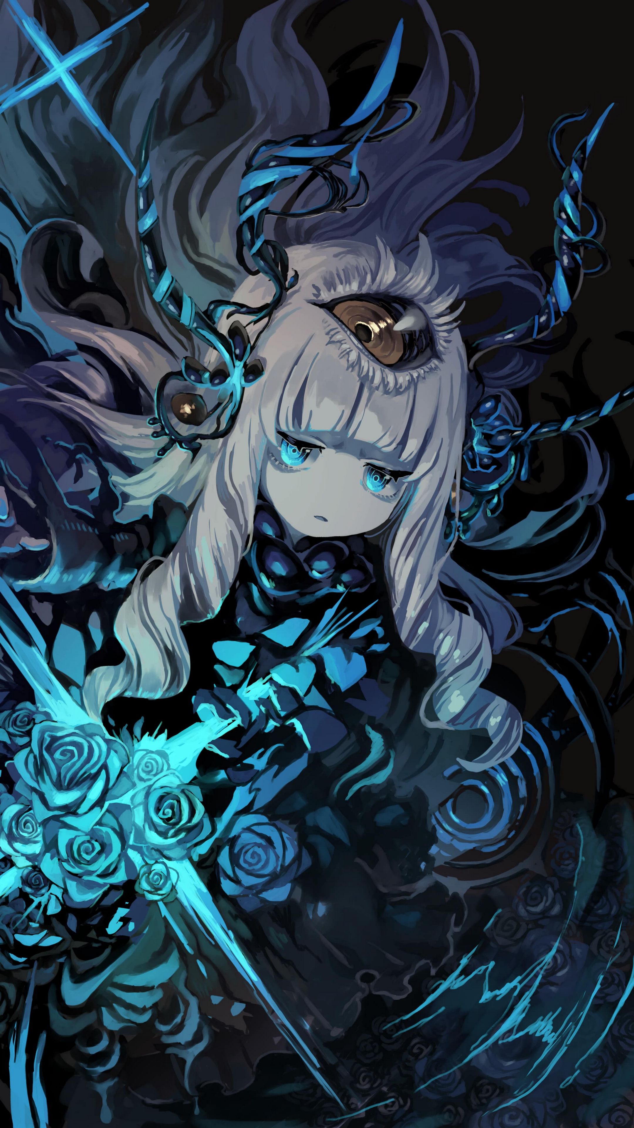 Blue demon. Аниме девушка демон срошкоми синими волосами. Blue Eyes Demon.