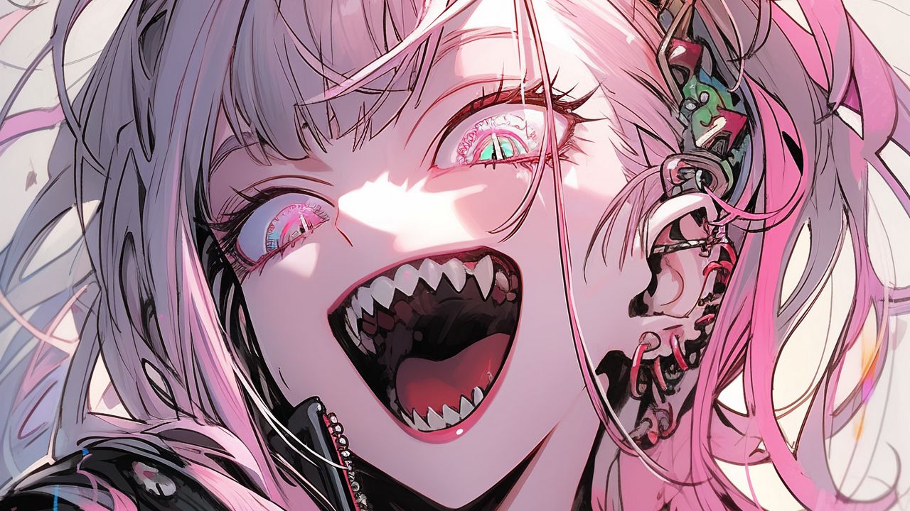 Wallpaper girl, demon, fangs, choker, anime, art