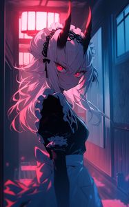 Preview wallpaper girl, demon, horns, maid, anime, dark