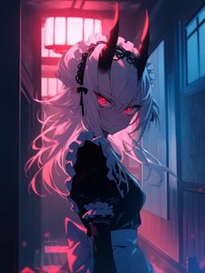 Preview wallpaper girl, demon, horns, maid, anime, dark