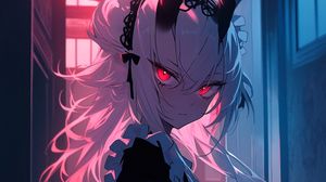 Preview wallpaper girl, demon, horns, maid, anime, dark