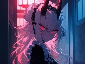 Preview wallpaper girl, demon, horns, maid, anime, dark