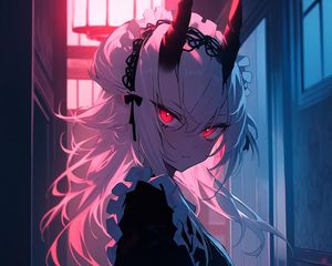 Preview wallpaper girl, demon, horns, maid, anime, dark