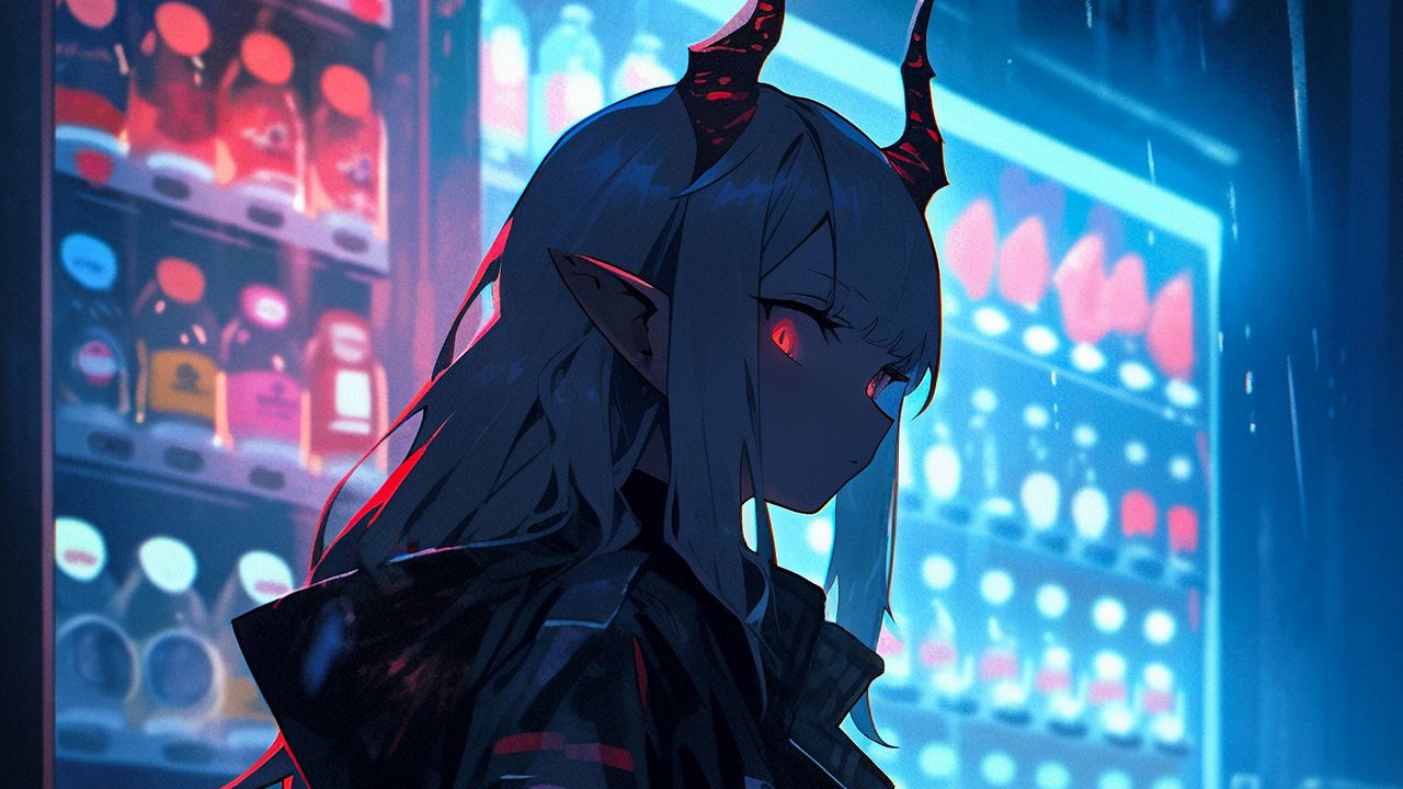 Wallpaper girl, demon, horns, showcase, drinks, anime