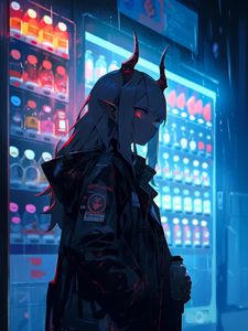 Preview wallpaper girl, demon, horns, showcase, drinks, anime