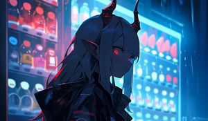 Preview wallpaper girl, demon, horns, showcase, drinks, anime