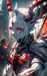 Preview wallpaper girl, demon, horns, armor, warrior, anime