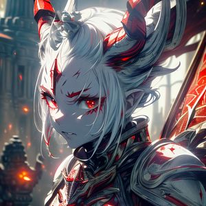 Preview wallpaper girl, demon, horns, armor, warrior, anime