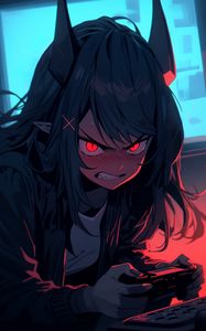 Preview wallpaper girl, demon, horns, blush, gamer, anime