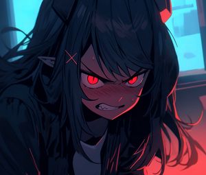 Preview wallpaper girl, demon, horns, blush, gamer, anime