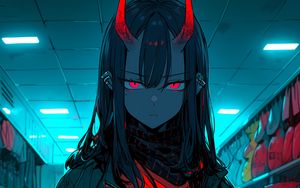 Preview wallpaper girl, demon, horns, weapons, machine gun, glow, anime