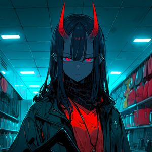 Preview wallpaper girl, demon, horns, weapons, machine gun, glow, anime