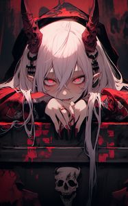 Preview wallpaper girl, demon, horns, hood, skull, art