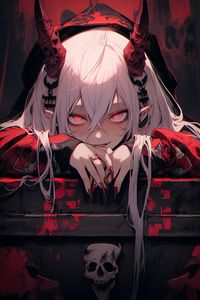 Preview wallpaper girl, demon, horns, hood, skull, art