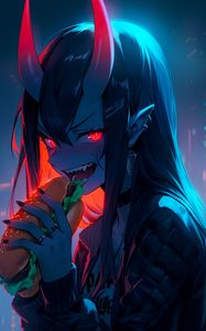 Preview wallpaper girl, demon, horns, sandwich, anime, art